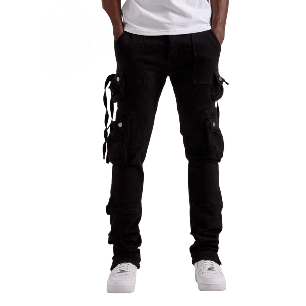 MNML Men's Button Fly Cargo Straight Black Denim Jeans NWT Size 31